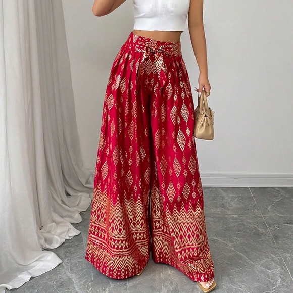Boho Geo Print Stretchy Waist Wide Leg Pants - Picture 1 of 10